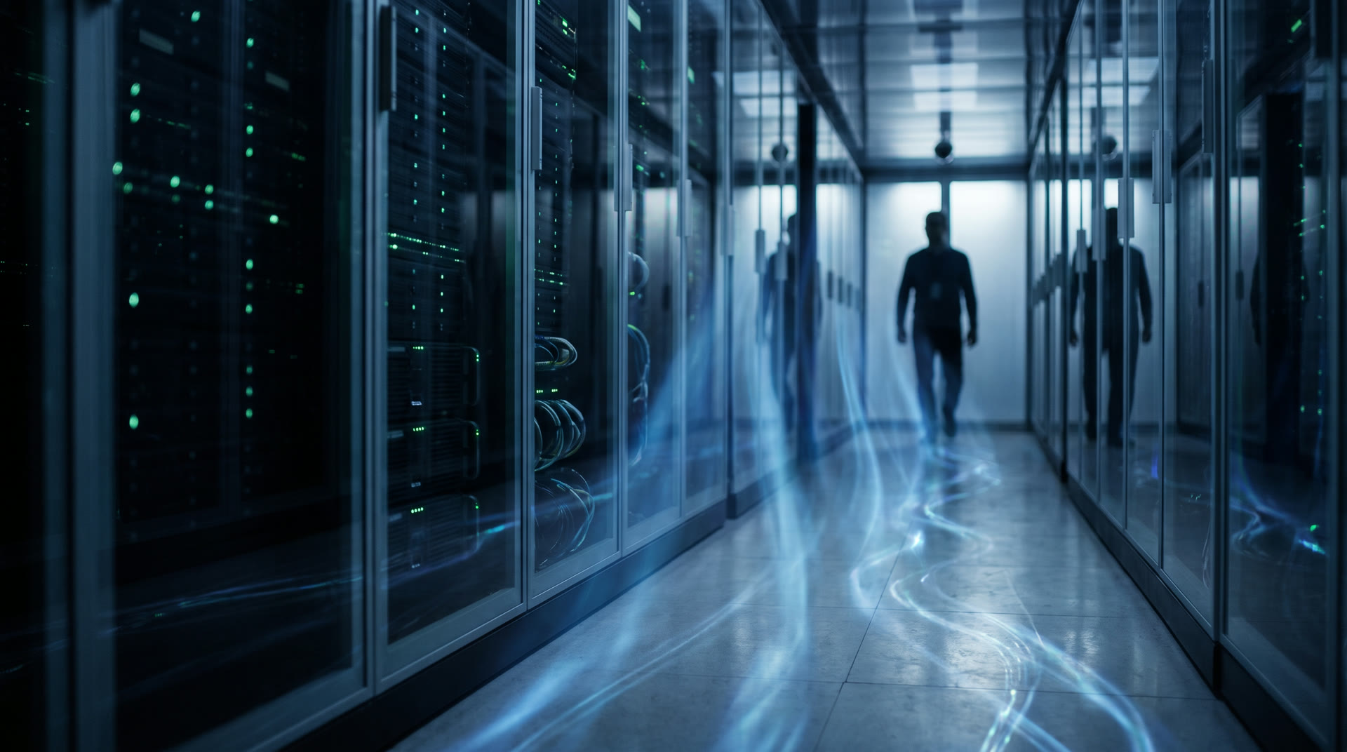 Glaskorridor i ett datacenter med blått ljus som stiger uppåt