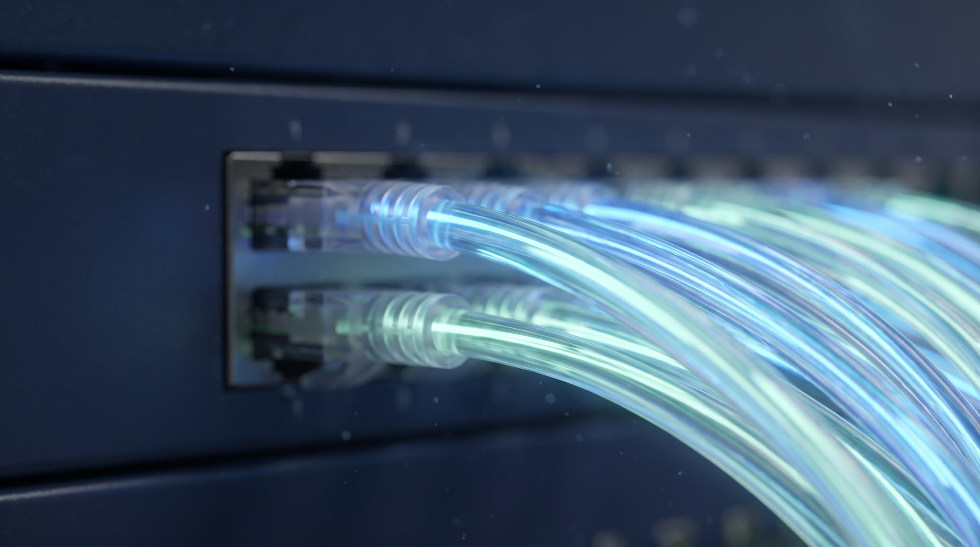 Fiberkablar med ljuspulser i blått och mint