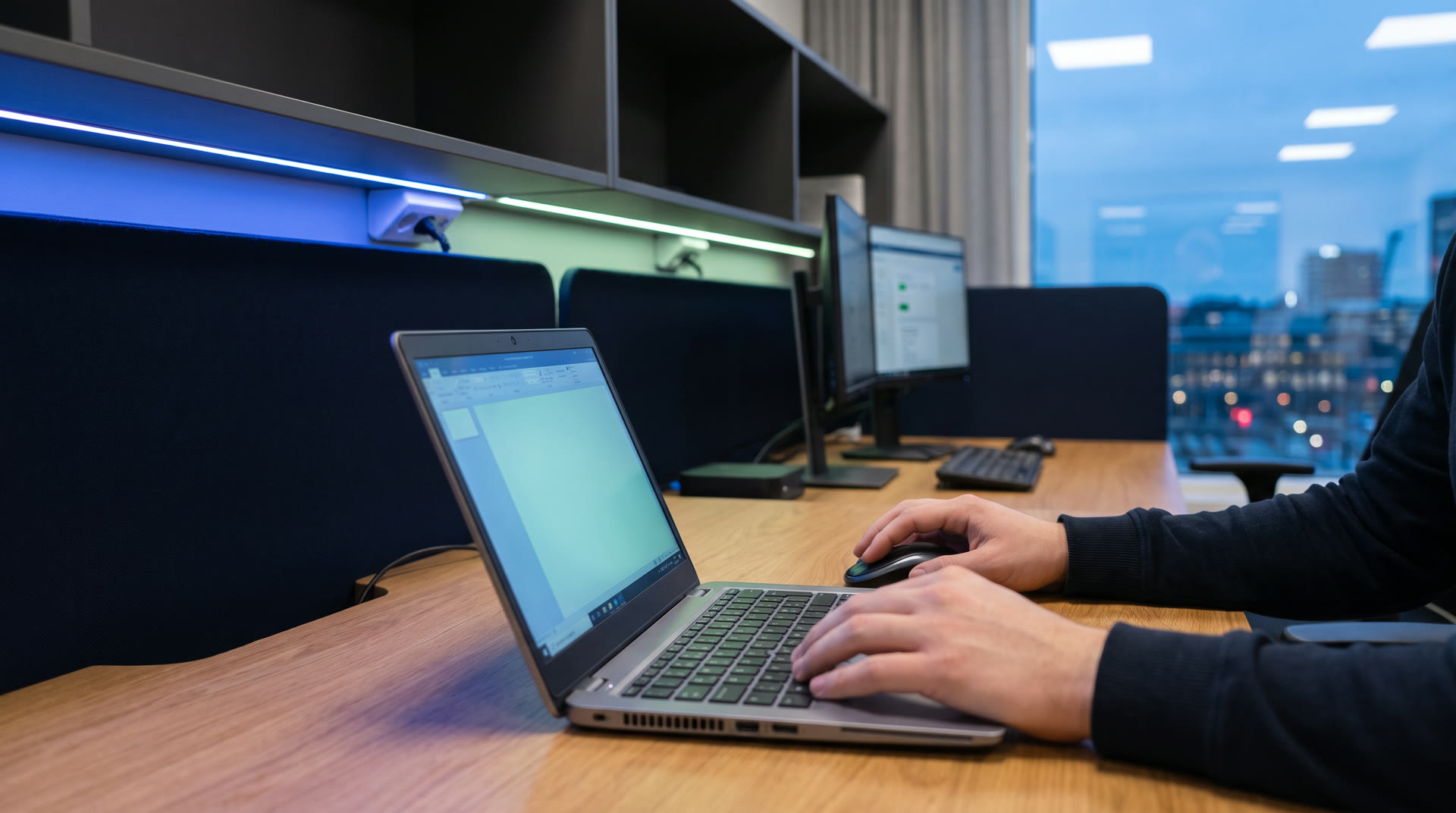 Händer på ett tangentbord vid en laptop i ett modernt kontor